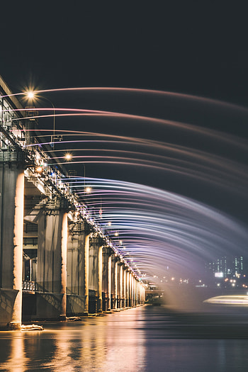 Cities, Rivers, Night, Architecture, Fountain, Bridge, Illumination, Backlight HD phone wallpaper