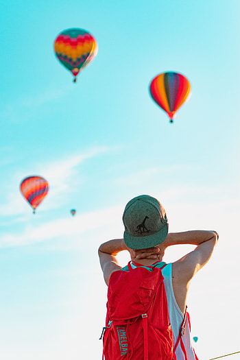Sky, Balloons, Miscellanea, Miscellaneous, Cap, Human, Person, Backpack, Rucksack HD phone wallpaper