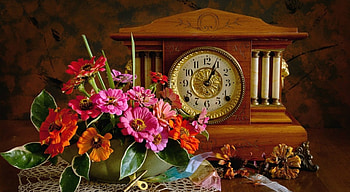 Still Life, vase, bouquet, clock, flowers HD wallpaper
