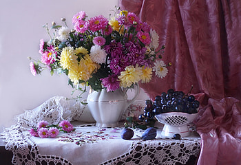 Still life, Fruit, Flowers, Asrers, Jug, Curtain HD wallpaper