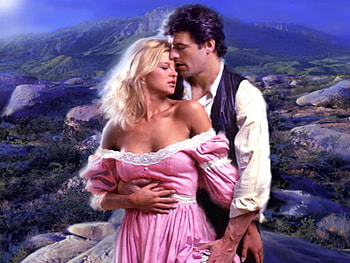 Harlequin lovers, sexy, blond, man, dress, stones, mountain, woman, pink, vest, hill HD wallpaper
