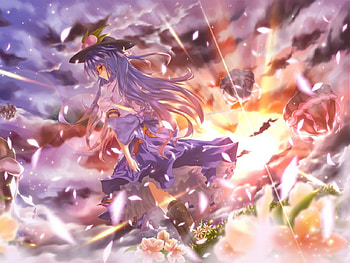 Touhou, girl, long hair, dress, anime, petals, flower, sky, hat, sunset HD wallpaper