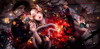 Peony, muke, mu ke, snake, frumusete, gorgeous, girl, view from the top, superb, fantasy, flower, red, serpent, luminos HD wallpaper