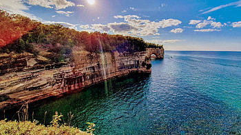 d Rocks, Michigan, sea, clouds, trees, sky, cliff, rocks, usa HD wallpaper