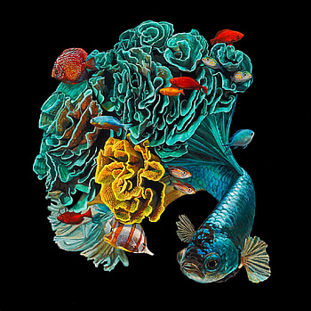 :), black, coral, art, fantasy, pesti, lisa ericson, fish, blue, summer, vara HD wallpaper