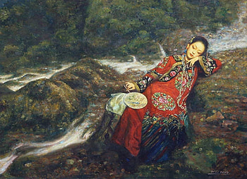 Waiting, dili feng, girl, evantai, water, frumusete, asian, hand fan, painting, di li feng, red, portrait, pictura HD wallpaper