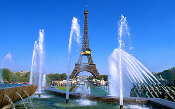 Le tour Eiffel, blue, paris, avenue, turnul eiffel, arteziana, france, fantana, eiffel tower, bulevard, artesian well HD wallpaper