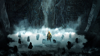 Cyborg, dark cave, fantasy, stones HD wallpaper