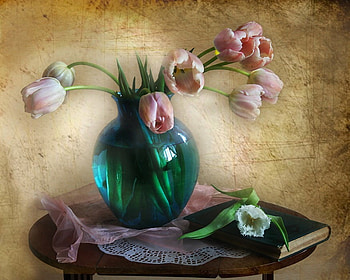 still life, bouquet, tulip, graphy, tulips, nice, flower, , water, vase, beautiful, paper, pink, old, cool, flowers, harmony HD wallpaper