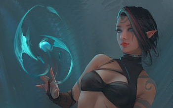 Elf girl, z ed, blue, zedart, fantasy, trungbuu42, girl, elf, zed, dark HD wallpaper