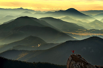 Tatra Mountains, Poland, mist, landscape, peak, man HD wallpaper