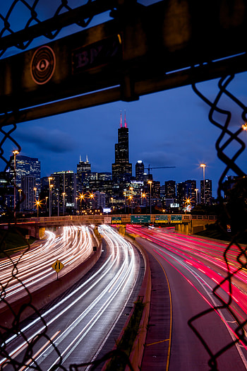 Cityscape, night, highway, buildings HD phone wallpaper