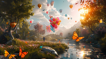 Land full of Joy 3, Joy, landscape, river, surreal, butterfly HD wallpaper