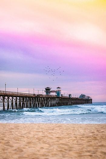 Pier, Calm beach, pink sky, sunset, nature HD phone wallpaper