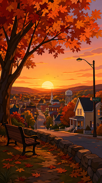 Autumn Sunset Boulevard | Maple Glow | Golden Hour in Town | Pocket Fall Sunset, Tree, Bench HD phone wallpaper