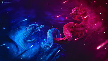 Dragons, blue, pink, fantasy, couple, dragon, fight, luminos HD wallpaper