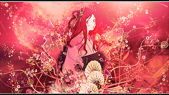 Matsuri, kimono, cute, red hair, long hair, beauty, nice, abstract, maiden, female, sexy, sweet, hot, girl, beautiful, anime girl, anime, pretty, red, red head HD wallpaper