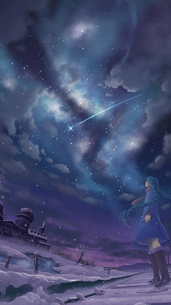 Snowlit Sky: Hatsune Miku's Winter Serenade, winter, Hatsune Miku, sky, cloud, snow, long hair, blue hair, Anime, Vocaloid, winter anime, Sky Anime HD phone wallpaper
