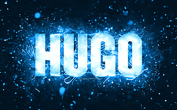 Happy Birtay Hugo, , blue neon lights, Hugo name, creative, Hugo Happy Birtay, Hugo Birtay, popular american male names, with Hugo name, Hugo HD wallpaper