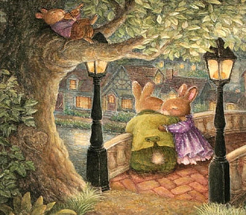 Bunny Love, bunnies, river, romance, houses, tree, light posts, leaves, painting, love, couple, bridge, musican HD wallpaper
