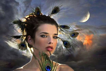 Peacock feathers, girl, sky, feathers, 3d HD wallpaper