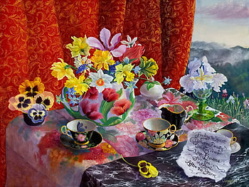 Tea time, colorful, bouquet, tea, petals, coffee, window, room, house, vase, beautiful, cup, mountain, still life, leaves, time, pretty, view, flowers, violets HD wallpaper