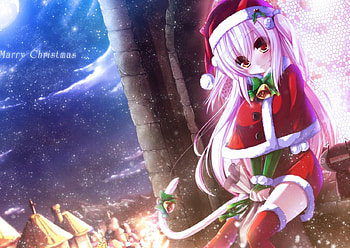 Merry Christmas, suit, girl, stars, neko, anime, moon, noel, ligth, nigth HD wallpaper