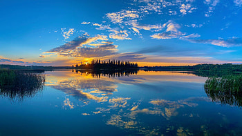 Sunset at a prairie lake, Alberta, island, trees, clouds, colors, sky, canada, water, reflections HD wallpaper
