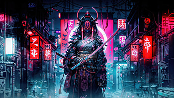 Neon Samurai In Futuristic Tokyo, artist, artwork, digital-art, neon, samurai, deviantart HD wallpaper