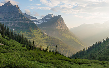 Mountains, landscape, clouds, trees, grass HD wallpaper