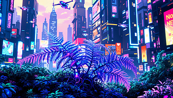 Vibrant Fern in a Futuristic Cityscape - Ultra, fern, neon city, futuristic landscape, Digital Art, nature HD wallpaper