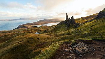 The Old Man of Storr, Scotland, UK, hills, rocks, sea, clouds, landscape, sky HD wallpaper