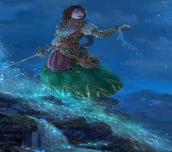 Letting It Go, blue light, sword, fantasy, waterfall, woman HD wallpaper