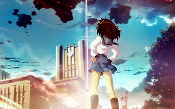 Haruhi, skirt, schoolgirl, uniform, girl, school girl, scenery, dark hair, short hair, building, clouds, trees, brown hair, sky, cloud HD wallpaper