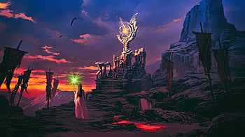 Fantasy, cliffs, sunset, artwork HD wallpaper