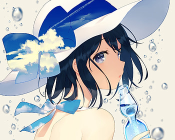Hat, water drops, anime girl, cute HD wallpaper