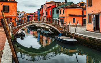 Venice, evening, sunset, canal, bridge, Burano, Venice cityscape, Italy HD wallpaper