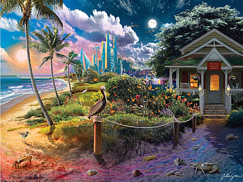 Beach Cabin, city, clouds, sky, palms, sea, sand, artwork, painting, skyscrapers HD wallpaper