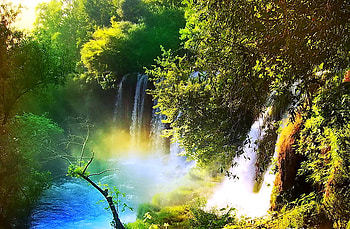 Come to my hide a way, river, greem waterfalls, sunlight, trees, peace, natures beauty HD wallpaper