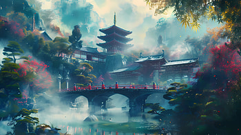 Misty asian scenery with bridge 3, mist, fog, asian, Japan, architecture HD wallpaper