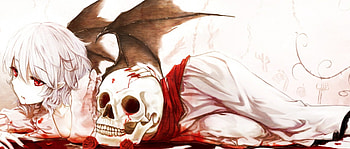 Blood, wings, white, remilia, skull, devil wings, anime, lying, remilia scarlet, white hair, touhou, short hair, flowers, manga HD wallpaper