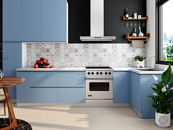 Sleek blue kitchen with elegant decor, featuring white backsplash and modern appliances. HD wallpaper