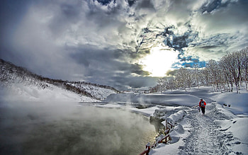 Winter, Nature, Mountains, Snow, Lake, Fog, Human, Person HD wallpaper
