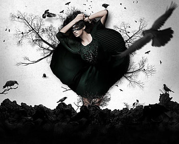 Lady Crow, black, birds, mask, tree, woman, lady, crow, fantasy, abstract HD wallpaper