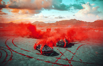 Red smoke, race cars, art HD wallpaper