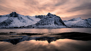 Pastel Dusk Over Snow Capped Norwegian Fjords, snow, mountains, mountain, sky, lake, pond, water, nature HD wallpaper