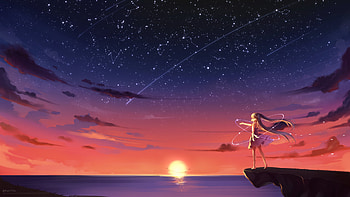 Anime Girl Barefoot Blonde Sky Stars Sunset , anime-girl, anime HD wallpaper