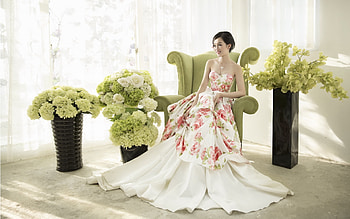 Model, chair, white, asian, girl, dress, woman, flower, green, bride HD wallpaper
