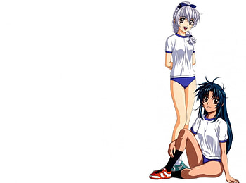 Ready For Gym Class, Bare Legs, Blue Hair, White T-shirt, White Hair, Full Metal Panic, Teletha Testarossa, Anime, Kaname Chidori, Smile, Testarossa, Chidori, Kaname, Anime Girls, Gym Clothes, Teletha, Big Eyes HD wallpaper