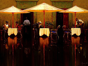 Cocktails, umbrella, chairs, waiter, reflection, tables, bistro, drinks HD wallpaper
